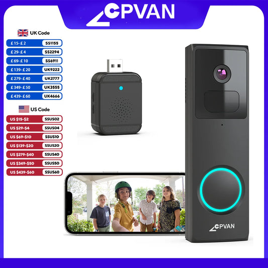 CPVAN Wireless 2.4G Wifi Video Doorbell 1080P HD Camera Door Bell with AI Smart Waterproof Night Vision Security Camera Doorbell